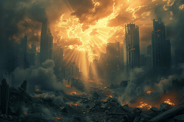 Post Apocalyptic Cityscape Burning Buildings Smoke Dramatic Sky Sunlight Breaking Through Clouds