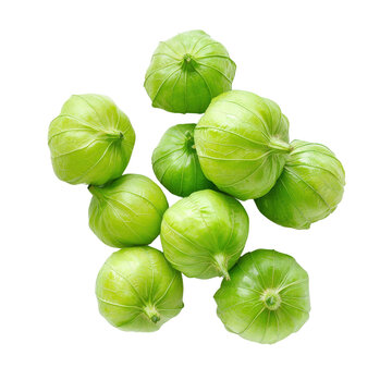 Fresh green tomatillos in a husk isolated on white background. Ideal for Mexican cuisine recipes and organic food concepts.