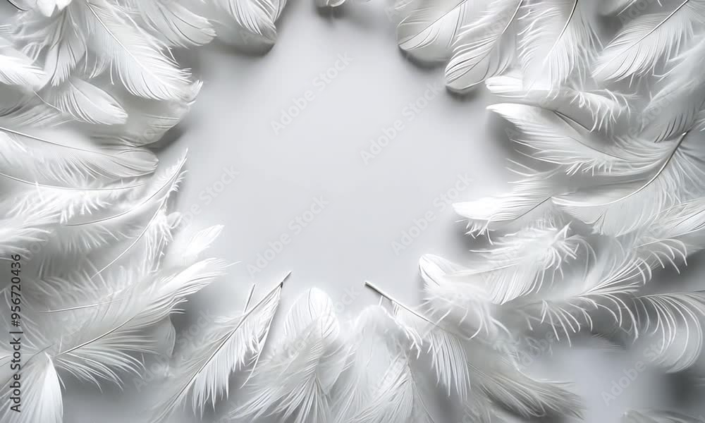 Poster a circular arrangement of soft white feathers is set against a pale gray background, creating a calm