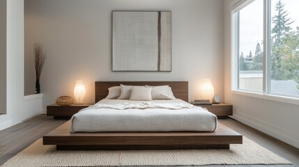 Contemporary bedroom with a minimalist design, featuring a platform bed, neutral bedding, and soft lighting, set up for real estate photography