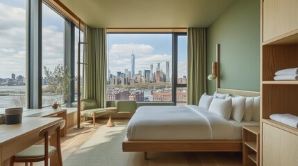 Contemporary Brooklyn hotel room with minimalist sage green accents, maple wood furniture, and a panoramic view of upper Manhattan, perfect for a serene retreat