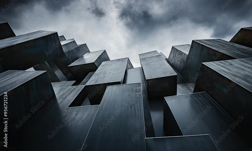 Poster the camera captures towering abstract structures formed by stacked blocks, showcasing their geometri
