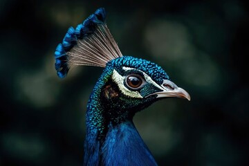 Close-up of a Peacock's Head with Blue and Green Feathers