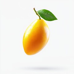 Levitation of a fresh mango with green leaf against a white background