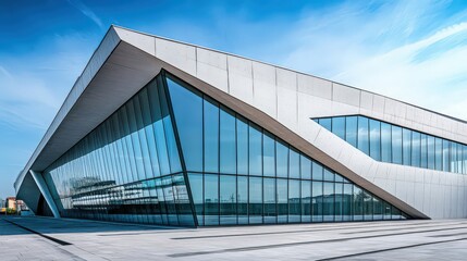 A government building with modern design elements, including a striking geometric facade,