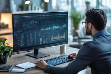 An expert focuses intently on a large computer monitor, analyzing data and writing notes at a well-organized desk with a coffee mug. Generative AI