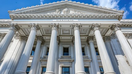 A grand government building with a neoclassical design, including large pillars, a wide portico,