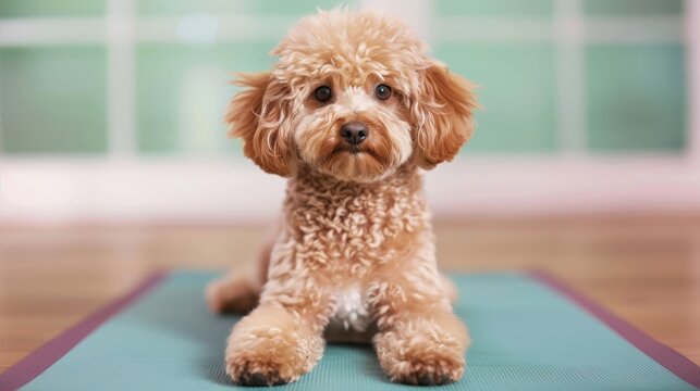A cute, fluffy dog sitting calmly on a yoga mat, showcasing a peaceful and serene atmosphere perfect for pet lovers.