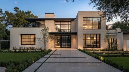 Contemporary villa exterior with cream walls, sleek black glass windows, and a landscaped front yard, presenting a perfect blend of modern design and natural beauty