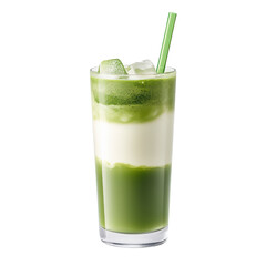 Refreshing iced matcha latte with a gradient of green tea and milk, served in a clear glass with a straw. Perfect for a cool, energizing drink.