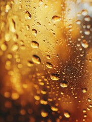 Water droplets on glass with a golden background, macro