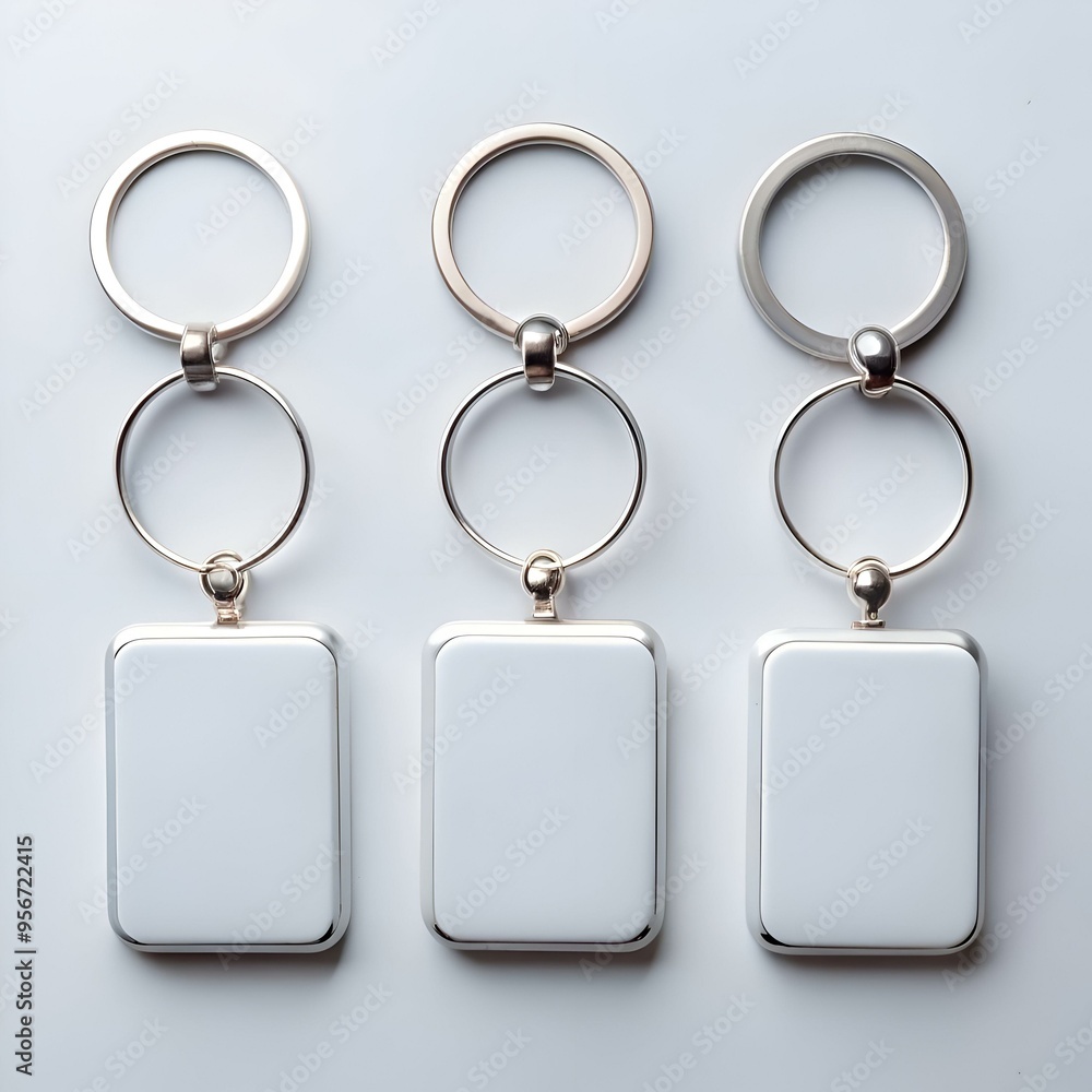 Poster three blank keychains with silver rings and rectangular tags perfect for branding or personalization
