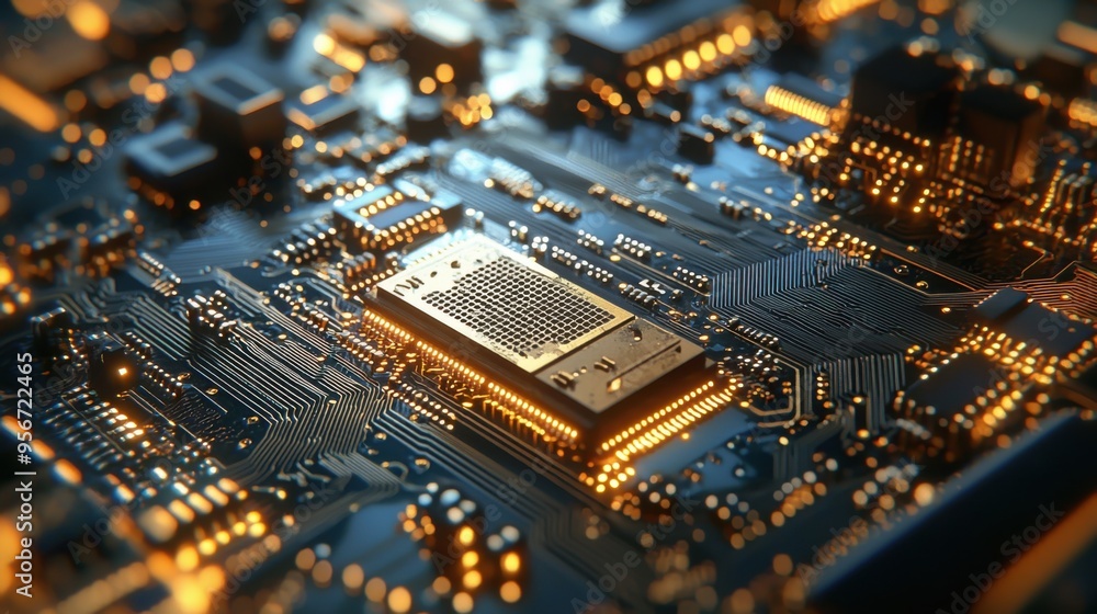 Poster close-up view of a circuit board showcasing intricate technology, with glowing components that illus