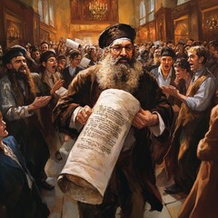 An elderly man with a long beard and glasses holds a rolled-up scroll in a crowded room.