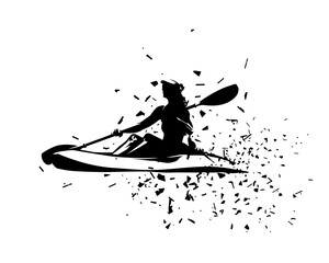 Woman on canoe, isolated vector ink drawing. Abstract vector silhouette. Kayaking water sport