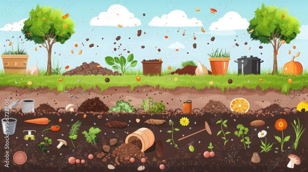 Poster a graphic explaining the process of composting and its benefits for soil health.