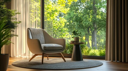 Cozy reading nook in a modern home with a comfortable chair, side table, and large window with a view, creating a perfect spot for relaxation