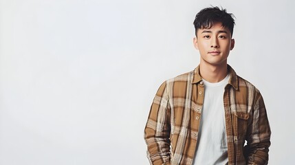 Fototapeta premium Sophisticated Asian Male Model in Casual Wear Posing against White Background