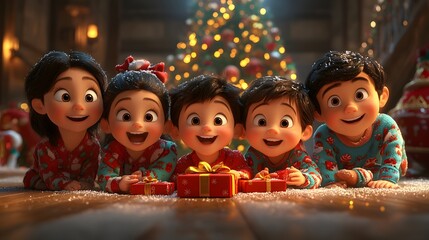 A 3D depiction of children in pajamas excitedly opening gifts on Christmas morning, surrounded by their smiling parents. The scene captures the joy and wonder of the holiday, with a beautifully