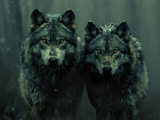 Two Wolves in a Snowy Forest: A Look of Intensity