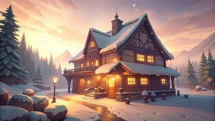 Obraz premium Cozy Snow-Covered Cottage in a Winter Wonderland