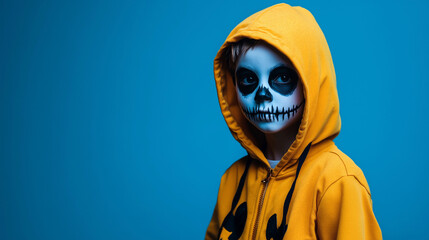 Boy in skeleton face paint wearing yellow hoodie, copy space, Halloween child with skull makeup on blue background, blank space, Eerie portrait with empty space for text