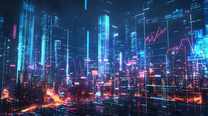 Obraz premium Futuristic Cityscape with Glowing Skyscrapers and Digital Holograms