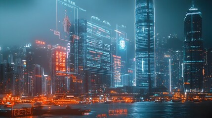 Obraz premium Stunning Night Cityscape With Futuristic Skyscrapers and Neon Lights in a Bustling Metropolis