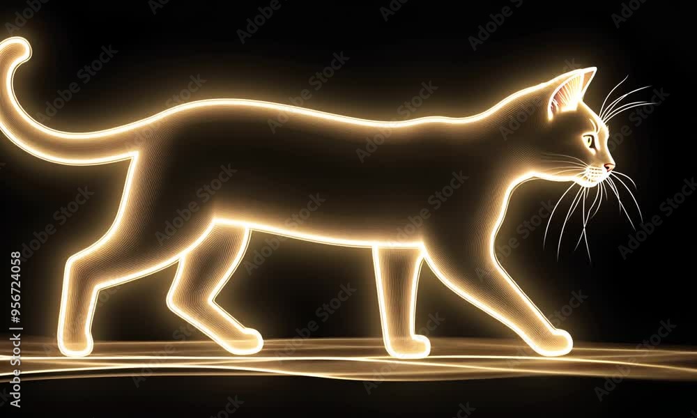 Poster a cat walks quietly at night, illuminated by a glowing outline that accentuates its graceful form an