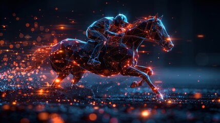 graphic of polygon horse and man racing with futuristic element