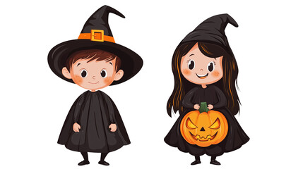 Halloween children, spooky boy and girl, brother and sister on transparent background, Cartoon illustration of kids in witch costumes with pumpkin