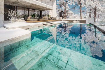 3d rendering of flat roof house with parking and pool for sale or rent with concrete facade and beautiful landscaping on background. Cool winter day with shiny white snow.