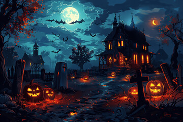 Halloween Night With Haunted House Full Moon And Glowing Jack O Lanterns