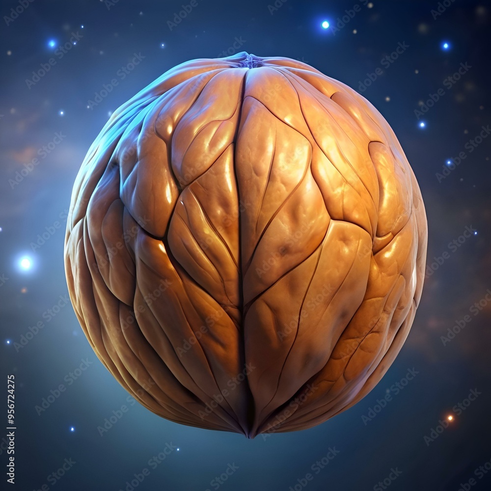 Poster a surreal and abstract image of a walnut shell against a starry sky. symbolizing the vastness of the
