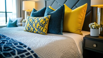 Elegant bedroom decor with a focus on yellow and blue pillows on a bed, a plush carpet, and a sleek side table lamp, highlighting a modern and cozy design