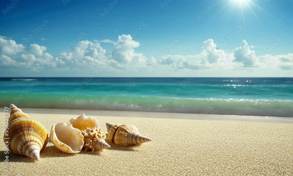 Poster a tranquil coastal setting features various seashells scattered on golden sand while gentle waves la