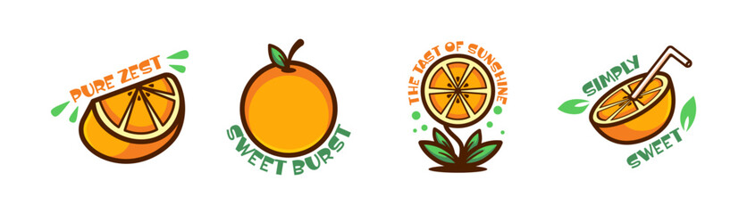 Orange fruit collection of fresh oranges fresh summer fruit, citrus mandarin fruit, sticker vector illustration
