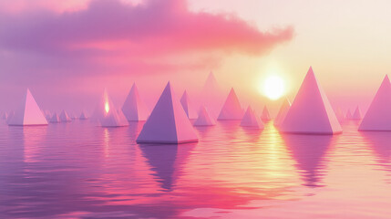 Naklejka premium An imaginative landscape showcasing numerous geometric pyramids rising from a tranquil water surface against a pink sunset.