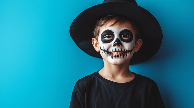Smiling boy in skeleton face paint with witch hat, Halloween child with skull makeup on blue background, Fun Halloween portrait with copy space