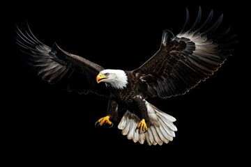 Fototapeta premium Bald Eagle in Flight with Wings Spread Against a Black Background