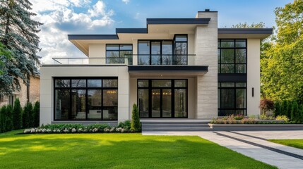 Elegant exterior of a two-story house with a cream facade and black glass windows, designed with a modern aesthetic, perfect for luxury real estate listings