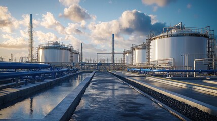 Obraz premium Industrial landscape featuring large storage tanks against a dramatic sky, showcasing the energy and oil sector.