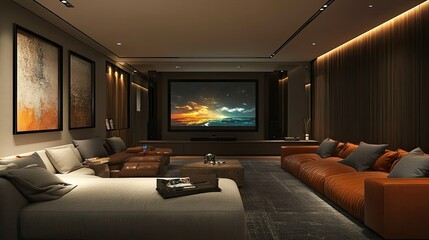 Fototapeta premium Elegant home theater room inside a modern apartment with comfortable seating, a large screen, and state-of-the-art sound system, designed for the ultimate entertainment experience