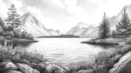 Hand Drawn Engraving Pen and Ink Lake Landscape