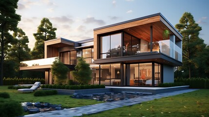 A serene image of a modern eco-friendly home with energy-efficient windows and green landscaping, showcasing sustainable architecture.