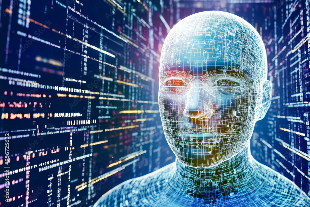 Poster a digital rendering displaying a futuristic human head in a grid-like structure, emphasizing technol