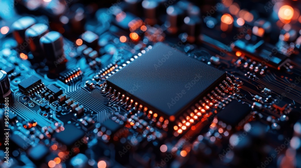 Poster close-up of a microprocessor on a circuit board, illuminated by blue and orange lights, showcasing m