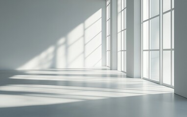 Obraz premium Minimalist Abstract White Background with Soft Shadows and Light Reflections, Ideal for Product Display or Advertising Backdrop in a Studio Setting