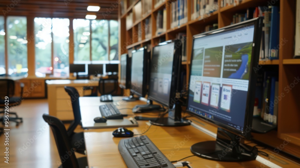 Poster a library's multimedia section with computers, dvds, and audio books, offering a variety of learning