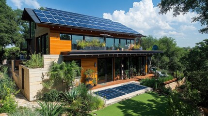 Fototapeta premium Exterior of a modern eco-friendly home with solar panels on the roof, sustainable materials, and a lush green garden, promoting sustainable living